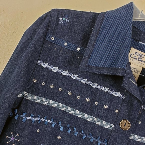 Koret City Blues Women's Embroidered Sequined Denim Blue Jean Cotton Coat Jacket - Picture 3 of 11